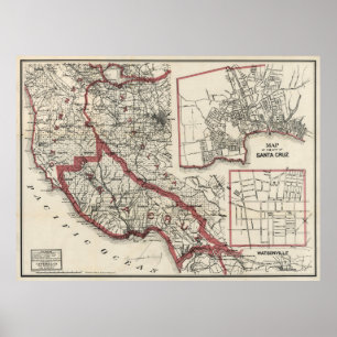 Póster Mapa de época del condado de Santa Cruz CA (1914)
