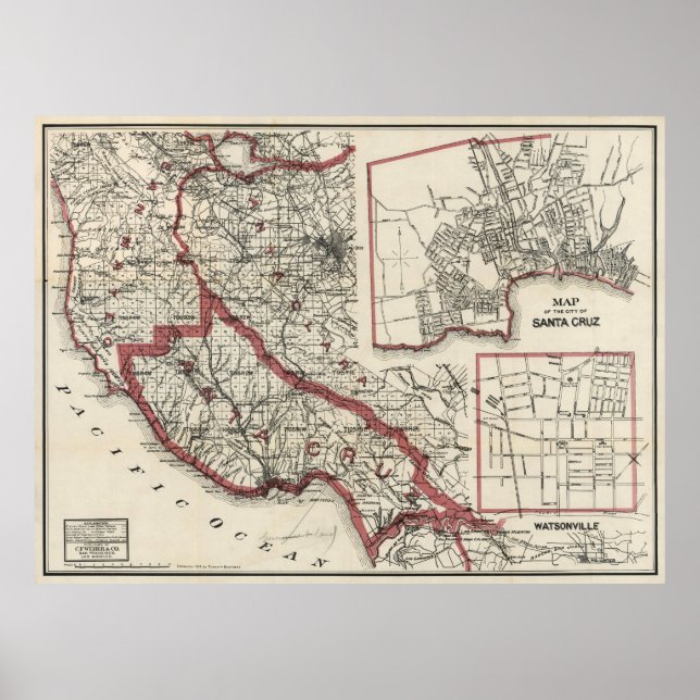 Póster Mapa de época del condado de Santa Cruz CA (1914) (Frente)