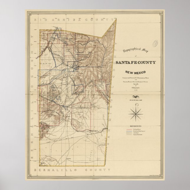 Póster Mapa de época del condado de Santa Fe NM (1883) (Frente)