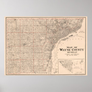 Póster Mapa de época del condado de Wayne MI (1915)