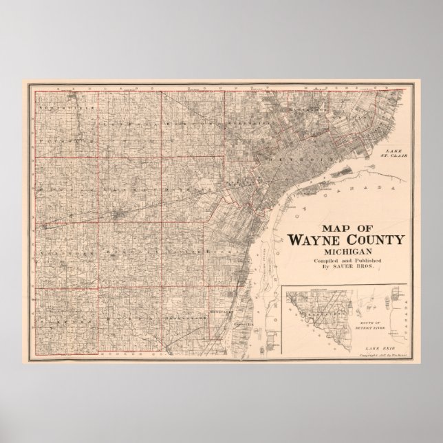 Póster Mapa de época del condado de Wayne MI (1915) (Frente)