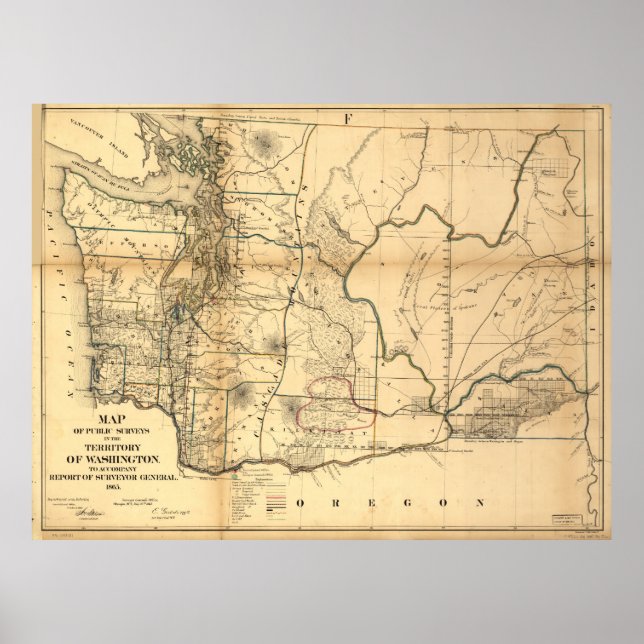 Póster Mapa de época del estado de Washington (1866) (Frente)