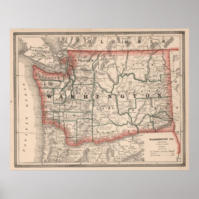 Póster Mapa de época del estado de Washington (1883) (Frente)