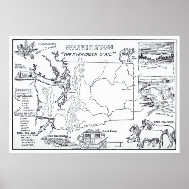 Póster Mapa de época del estado de Washington (1912) (Frente)