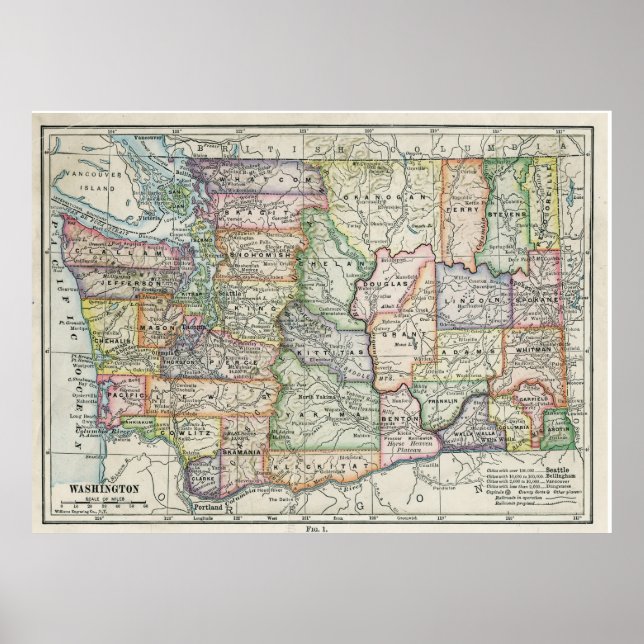 Póster Mapa de época del estado de Washington (1914) (Frente)
