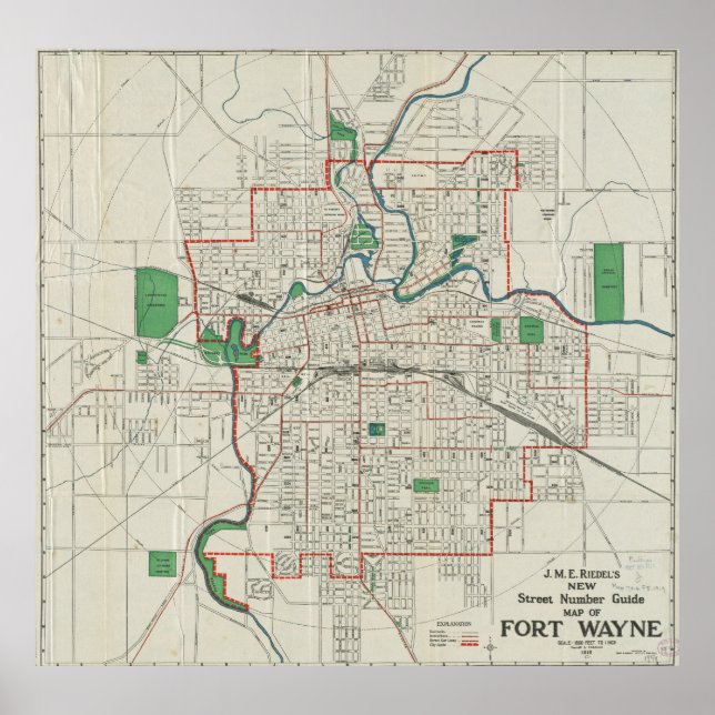 Póster Mapa de época del fuerte Wayne Indiana (1919) (Frente)