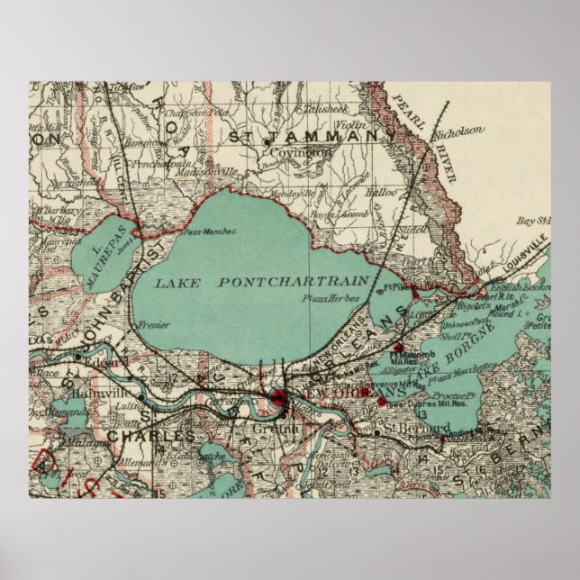 Póster Mapa de época del lago Pontchartrain (1887) (Frente)