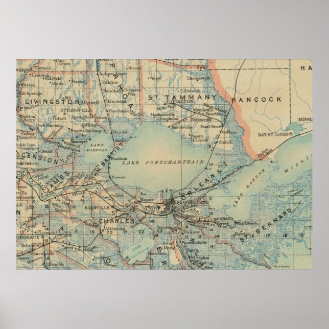 Póster Mapa de época del lago Pontchartrain (1896) (Frente)