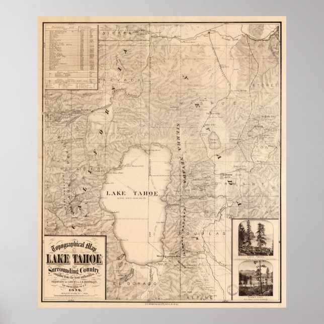 Póster Mapa de época del lago Tahoe Calfornia (1874) (Frente)