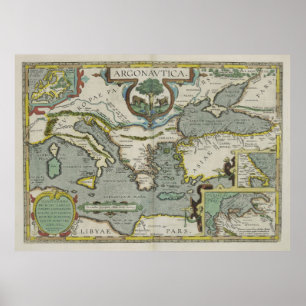 Póster Mapa de época del mar Mediterráneo (1608)