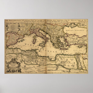 Póster Mapa de época del mar Mediterráneo (1685)