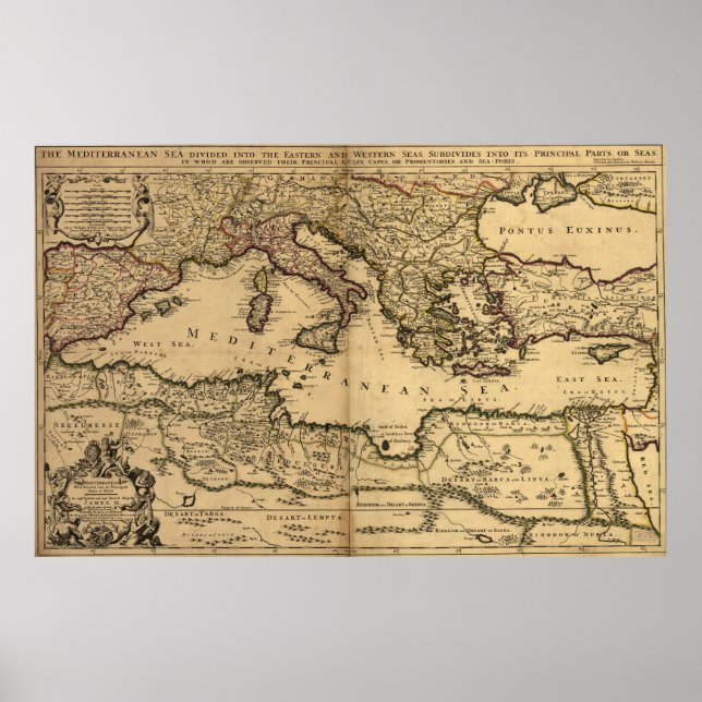 Póster Mapa de época del mar Mediterráneo (1685) (Frente)