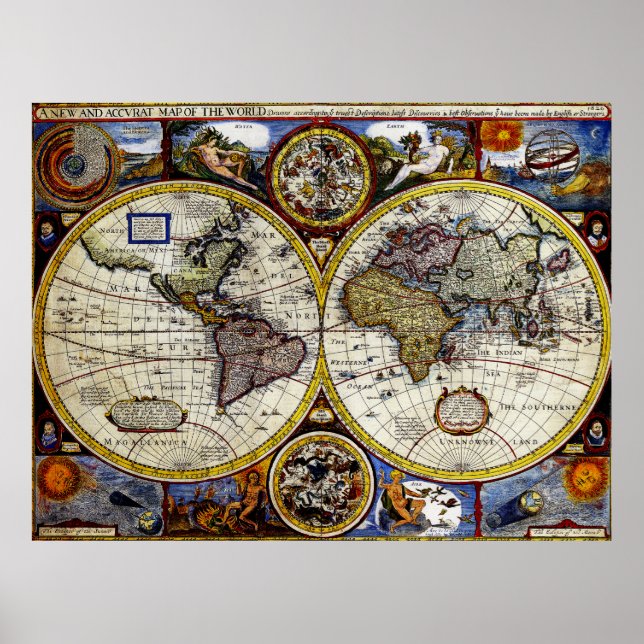 Póster Mapa de época del mundo (1626) - Estilizado (Frente)