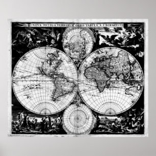 Póster Mapa de época del mundo (1685) Blanco y negro