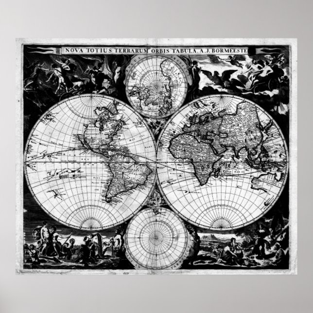 Póster Mapa de época del mundo (1685) Blanco y negro (Frente)