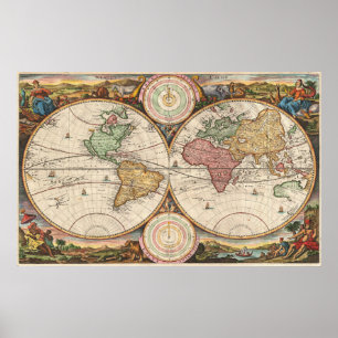 Póster Mapa de época del mundo (1730)