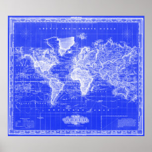 Póster Mapa de época del mundo (1833) azul y blanco