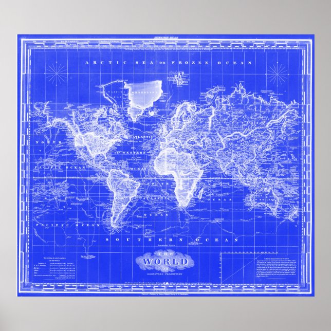 Póster Mapa de época del mundo (1833) azul y blanco (Frente)