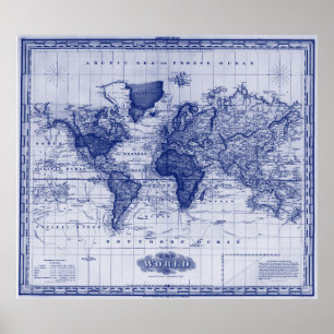 Póster Mapa de época del mundo (1833) Blanco y Azul