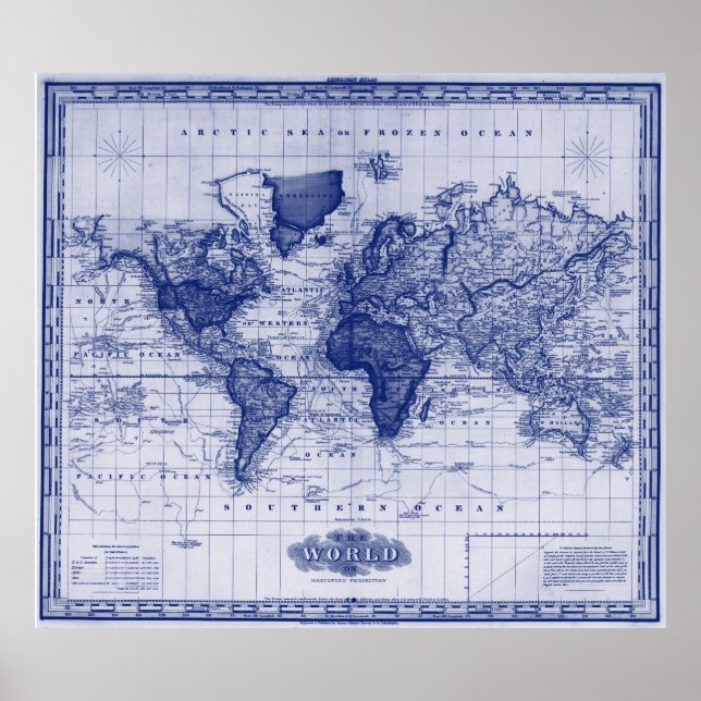 Póster Mapa de época del mundo (1833) Blanco y Azul (Frente)