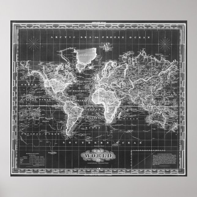 Póster Mapa de época del mundo (1833) Blanco y negro (Frente)