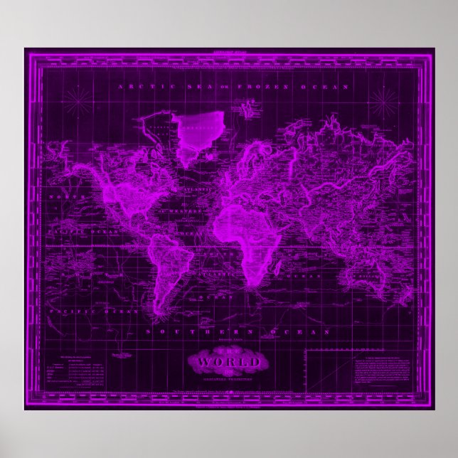 Póster Mapa de época del mundo (1833) Negro y púrpura (Frente)