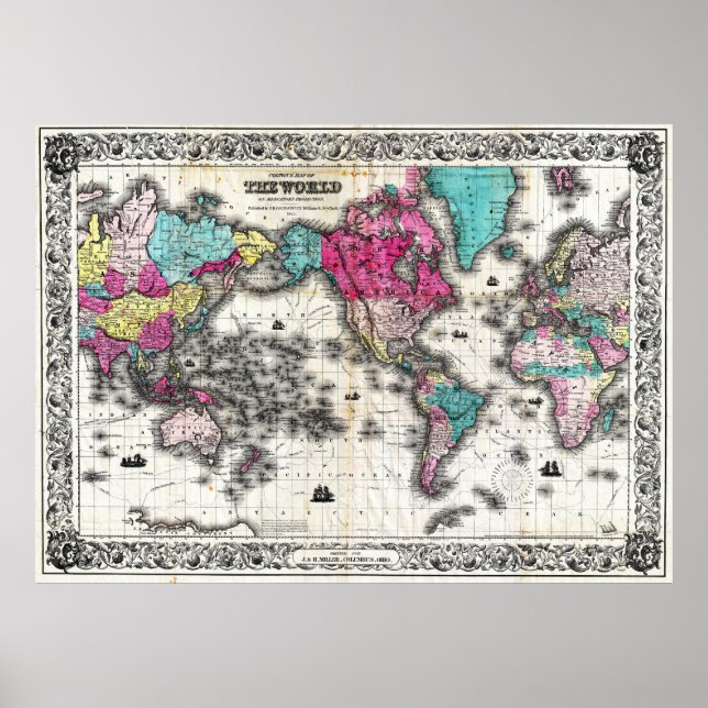 Póster Mapa de época del mundo (1852) - Estilizado (Frente)