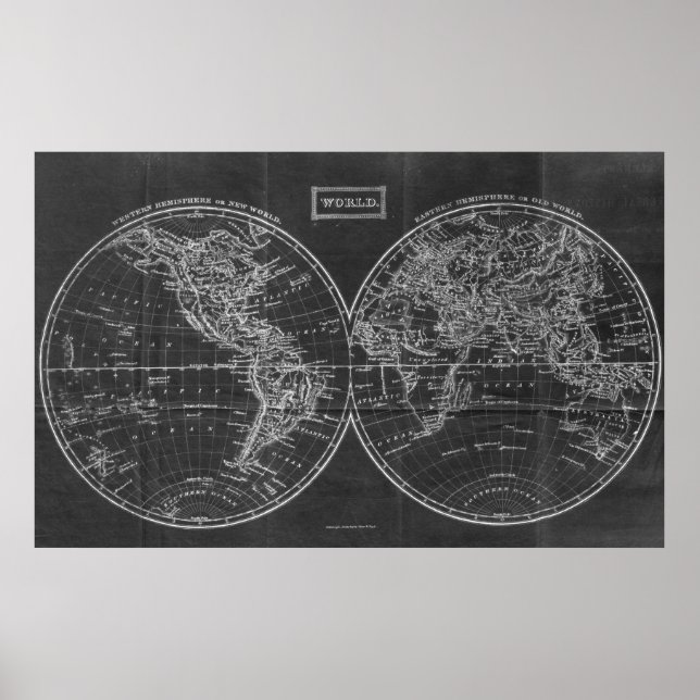 Póster Mapa de época del mundo (1857) Blanco y negro (Frente)