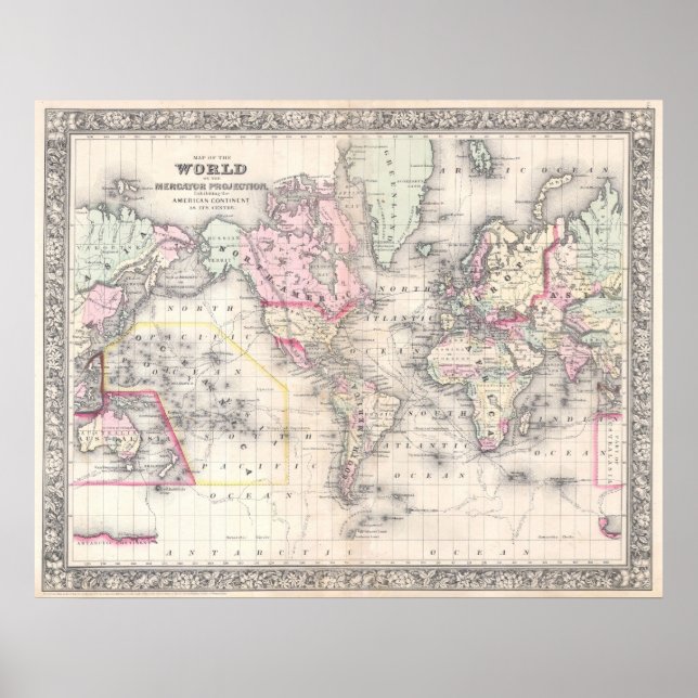 Póster Mapa de época del mundo (1864) (Frente)