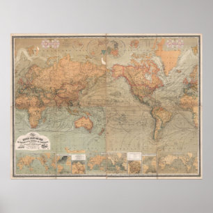 Póster Mapa de época del mundo (1870)