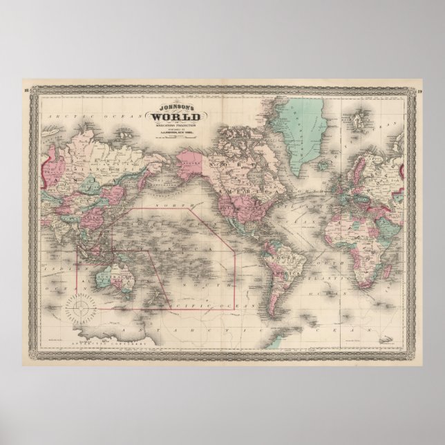 Póster Mapa de época del mundo (1870) (Frente)