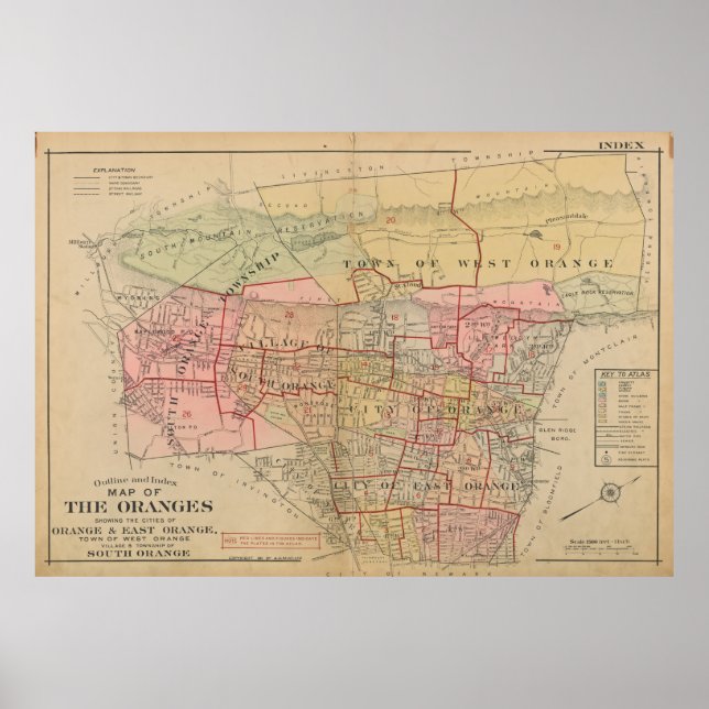 Póster Mapa de época del Naranja NJ (1911) (Frente)
