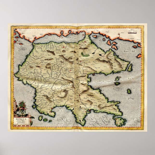 Póster Mapa de época del Peloponeso (1596) (Frente)