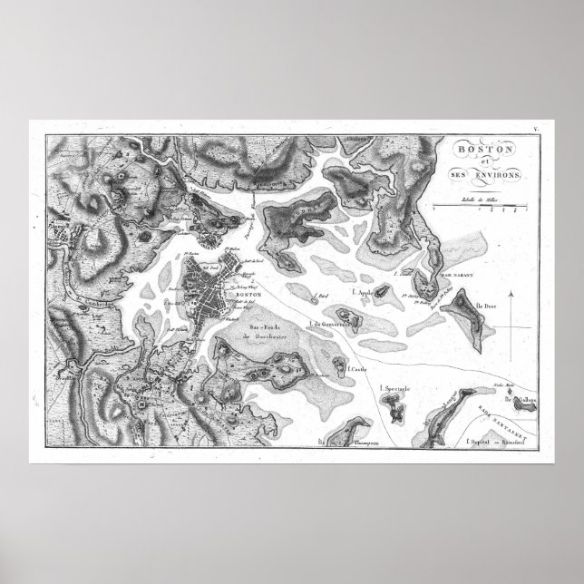 Póster Mapa de época del puerto de Boston (1807) BW (Frente)