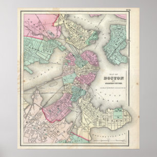 Póster Mapa de época del puerto de Boston (1857)