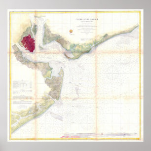 Póster Mapa de época del puerto de Charleston SC (1866)