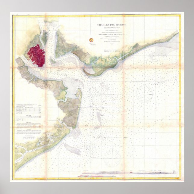 Póster Mapa de época del puerto de Charleston SC (1866) (Frente)