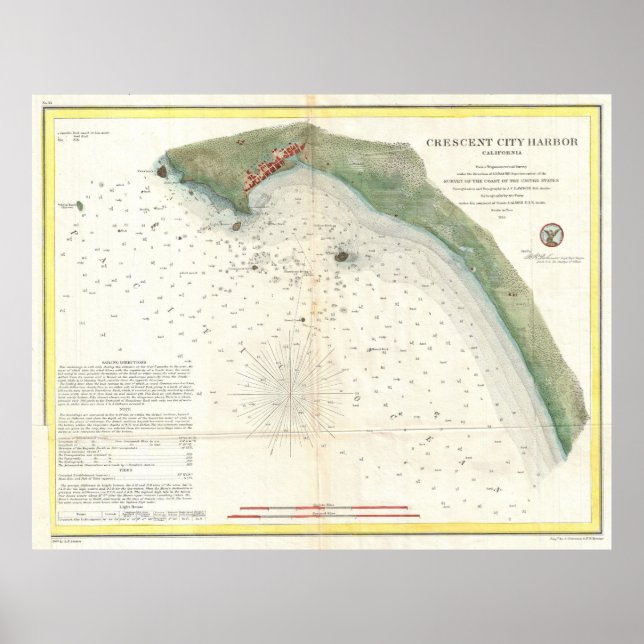 Póster Mapa de época del puerto de Crescent City (CA) (18 (Frente)