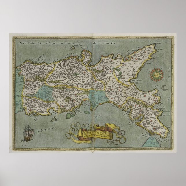 Póster Mapa de época del Reino de Nápoles (1608) (Frente)