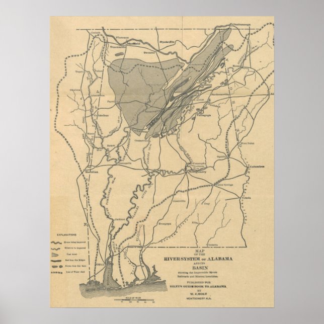 Póster Mapa de época del sistema fluvial de Alabama (1887 (Frente)