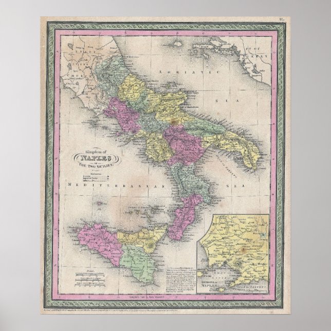 Póster Mapa de época del sur de Italia (1853) (Frente)