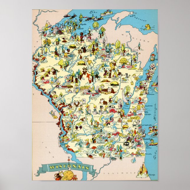 Póster Mapa de época divertida de Wisconsin (Frente)