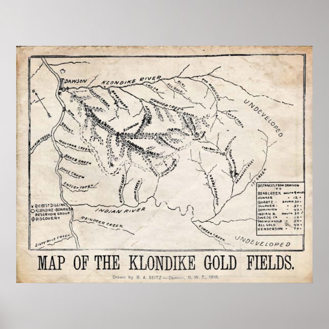 Póster Mapa de época - Klondike - Campos de oro de Dawson (Frente)