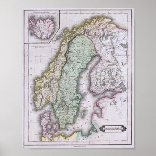 Póster Mapa de Escandinavia, de Noruega, de Suecia, de