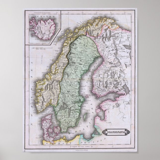 Póster Mapa de Escandinavia, Noruega, Suecia, Finlandia,  (Frente)