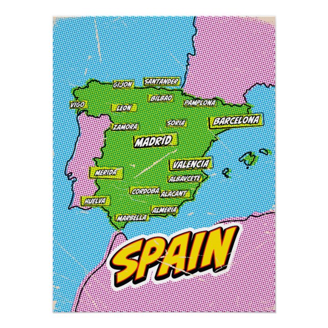 Póster Mapa de España ilustrado al estilo Pop Art (Anverso)