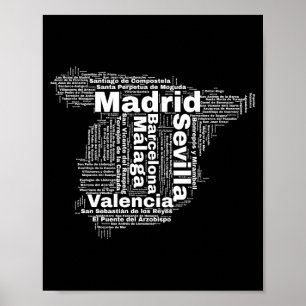 Póster mapa de españa nube de palabras con nombres de ciu