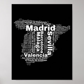 Póster mapa de españa nube de palabras con nombres de ciu