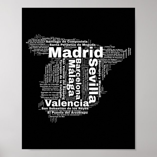 Póster mapa de españa nube de palabras con nombres de ciu (Frente)