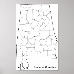 Póster Mapa de esquema de Condados de Alabama